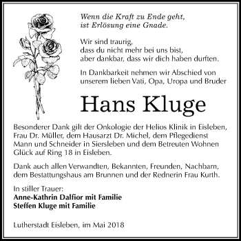 Traueranzeige von Hans Kluge von Mitteldeutsche Zeitung
