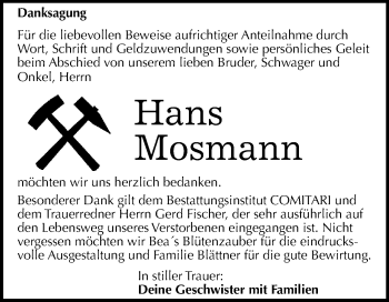 Traueranzeige von Hans Mosmann von Mitteldeutsche Zeitung Weißenfels