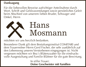 Traueranzeige von Hans Mosmann von WVG - Wochenspiegel NMB / WSF / ZTZ