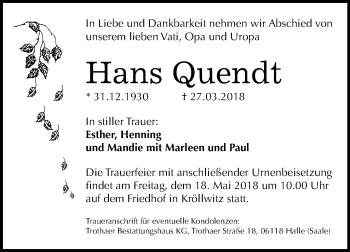 Traueranzeige von Hans Quendt von Mitteldeutsche Zeitung Halle/Saalkreis