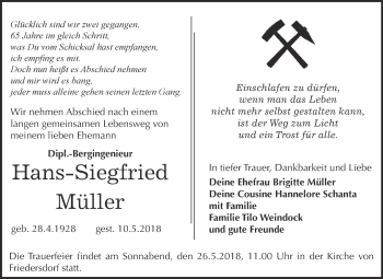 Traueranzeige von Hans-Siegfried Müller von WVG - Wochenspiegel Bitterfeld