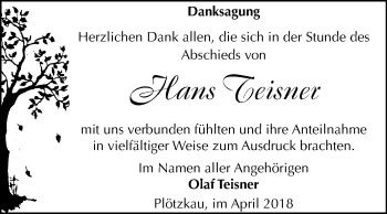 Traueranzeige von Hans Teisner von Mitteldeutsche Zeitung Bernburg