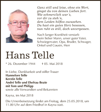 Traueranzeige von Hans Telle von Super Sonntag Zeitz