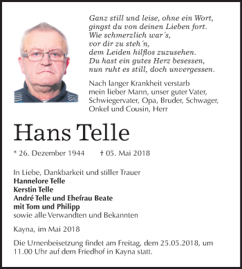 Traueranzeige von Hans Telle von Mitteldeutsche Zeitung