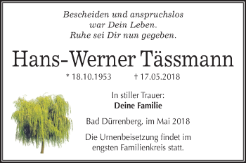 Traueranzeige von Hans-Werner Tässmann von Mitteldeutsche Zeitung Merseburg/Querfurt