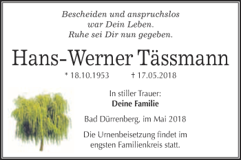 Traueranzeige von Hans-Werner Tässmann von Super Sonntag Merseburg