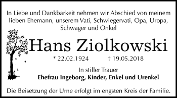 Traueranzeige von Hans Ziolkowski von Mitteldeutsche Zeitung