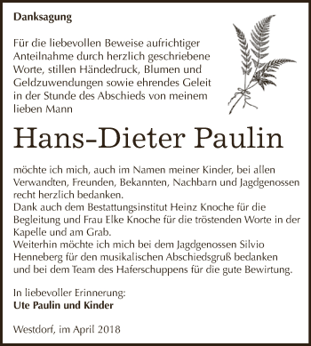 Traueranzeige von Hans-Dieter Paulin von Super Sonntag Aschersleben