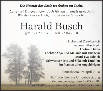 Traueranzeige von Harald Busch von WVG - Wochenspiegel Merseburg