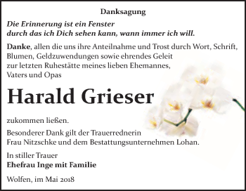 Traueranzeige von Harald Grieser von WVG - Wochenspiegel Bitterfeld