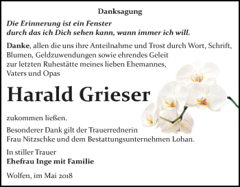 Traueranzeige von Harald Grieser von Mitteldeutsche Zeitung Bitterfeld