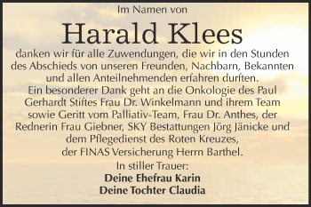 Traueranzeige von Harald Klees von Super Sonntag Wittenberg