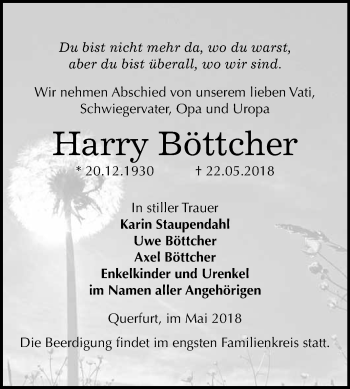 Traueranzeige von Harry Böttcher von WVG - Wochenspiegel Merseburg