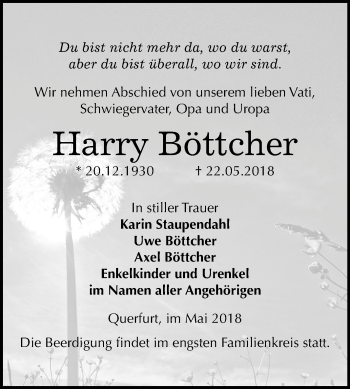 Traueranzeige von Harry Böttcher von Mitteldeutsche Zeitung Merseburg/Querfurt