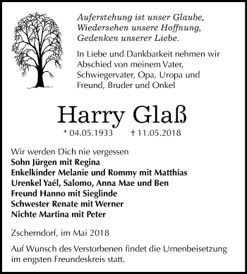 Traueranzeige von Harry Glaß von Mitteldeutsche Zeitung Bitterfeld