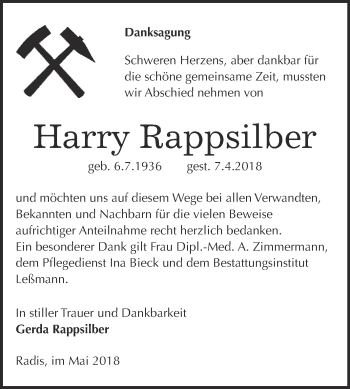 Traueranzeige von Harry Rappsilber von WVG - Wochenspiegel Wittenberg