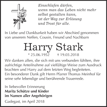 Traueranzeige von Harry Stark von WVG - Wochenspiegel Wittenberg