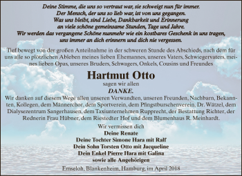 Traueranzeige von Hartmut Otto von Super Sonntag SGH Mansf. Land