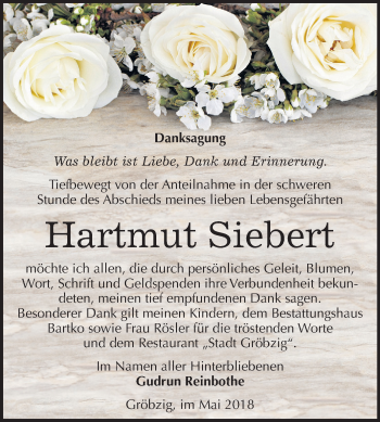 Traueranzeige von Hartmut Siebert von Mitteldeutsche Zeitung Köthen