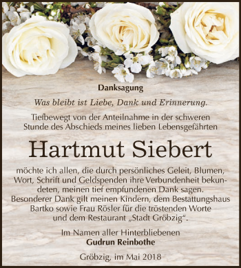 Traueranzeige von Hartmut Siebert von WVG - Wochenspiegel Dessau / Köthen