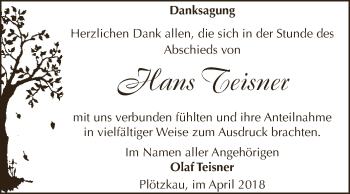 Traueranzeige von Hans Teisner von Super Sonntag Bernburg