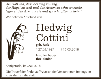 Traueranzeige von Hedwig Cottini von Wochenspiegel Mansfelder Land