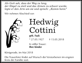 Traueranzeige von Hedwig Cottini von Mitteldeutsche Zeitung