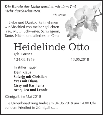 Traueranzeige von Heidelinde Otto von WVG - Wochenspiegel Wittenberg
