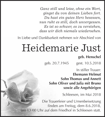 Traueranzeige von Heidemarie Just von WVG - Wochenspiegel Wittenberg