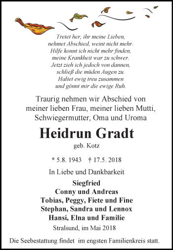 Traueranzeige von Heidrun Gradt von Mitteldeutsche Zeitung Aschersleben