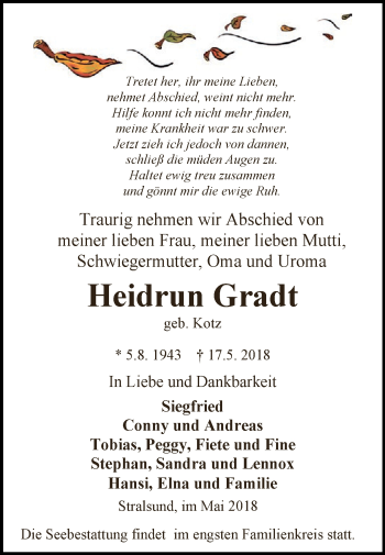 Traueranzeige von Heidrun Gradt von Super Sonntag Aschersleben