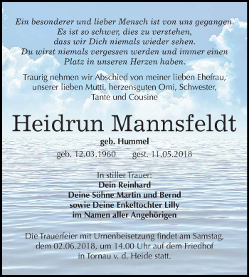 Traueranzeige von Heidrun Mannsfeldt von Mitteldeutsche Zeitung Bitterfeld