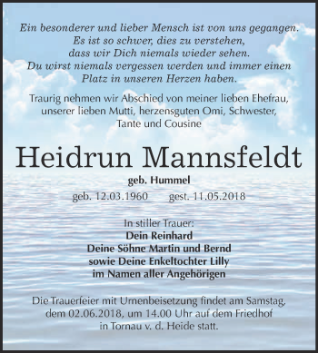 Traueranzeige von Heidrun Mannsfeldt von WVG - Wochenspiegel Bitterfeld