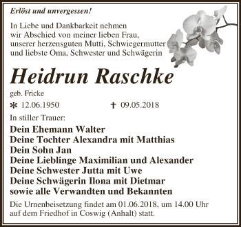 Traueranzeige von Heidrun Raschke von WVG - Wochenspiegel Dessau / Köthen