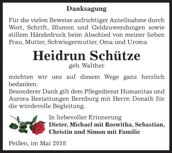 Traueranzeige von Heidrun Schütze von Mitteldeutsche Zeitung Bernburg