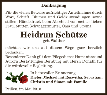 Traueranzeige von Heidrun Schütze von Super Sonntag Bernburg