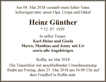 Traueranzeige von Heinz Günther von WVG - Wochenspiegel SGH