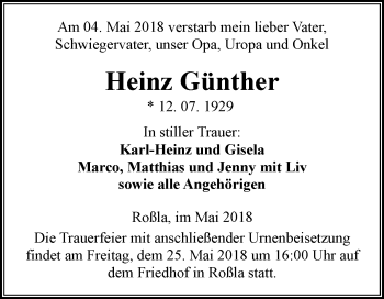 Traueranzeige von Heinz Günther von Mitteldeutsche Zeitung Sangerhausen