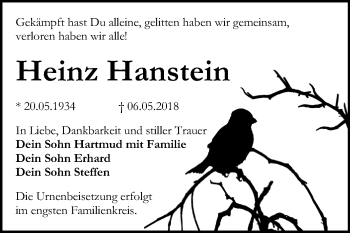 Traueranzeige von Heinz Hanstein von Mitteldeutsche Zeitung Bitterfeld