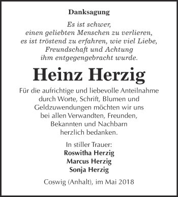 Traueranzeige von Heinz Herzig von Super Sonntag Wittenberg