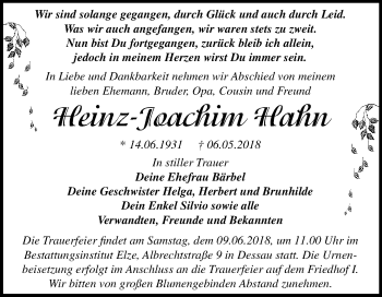 Traueranzeige von Heinz-Joachim Hahn von Mitteldeutsche Zeitung Dessau-Roßlau