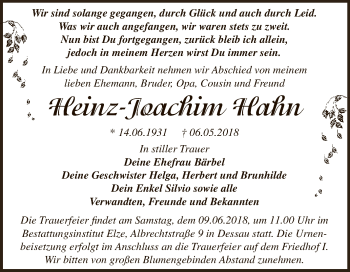 Traueranzeige von Heinz-Joachim Hahn von WVG - Wochenspiegel Dessau / Köthen