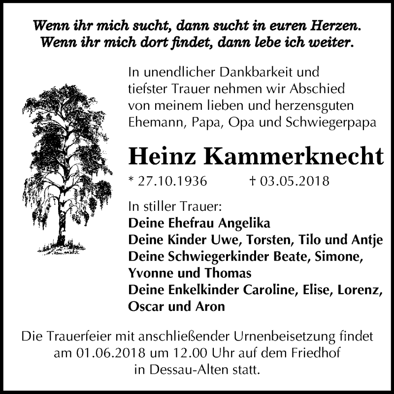  Traueranzeige für Heinz Kammerknecht vom 19.05.2018 aus Mitteldeutsche Zeitung