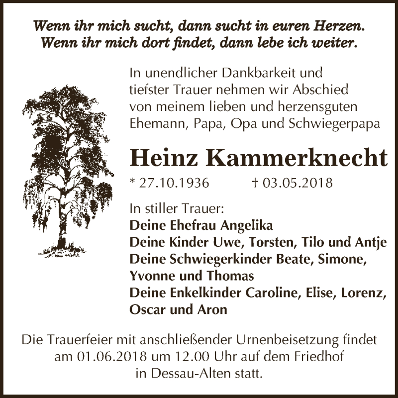  Traueranzeige für Heinz Kammerknecht vom 19.05.2018 aus WVG - Wochenspiegel Dessau / Köthen