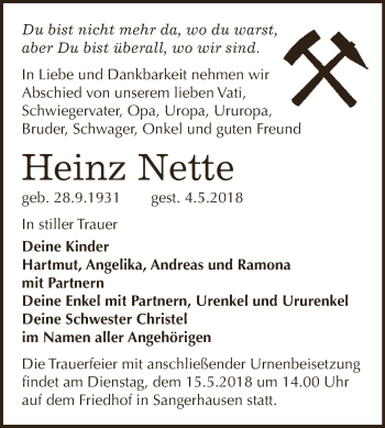 Traueranzeige von Heinz Nette von Super Sonntag SGH Mansf. Land