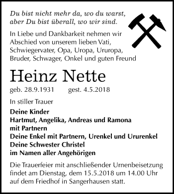 Traueranzeige von Heinz Nette von Mitteldeutsche Zeitung Sangerhausen