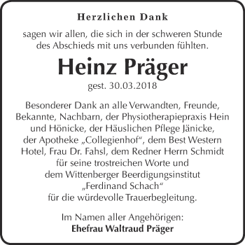Traueranzeige von Heinz Präger von WVG - Wochenspiegel Wittenberg