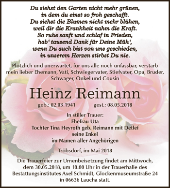 Traueranzeige von Heinz Reimann von WVG - Wochenspiegel NMB / WSF / ZTZ