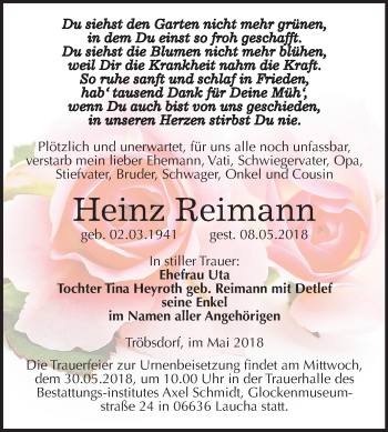 Traueranzeige von Heinz Reimann von Mitteldeutsche Zeitung