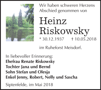 Traueranzeige von Heinz Riskowsky von Mitteldeutsche Zeitung Quedlinburg